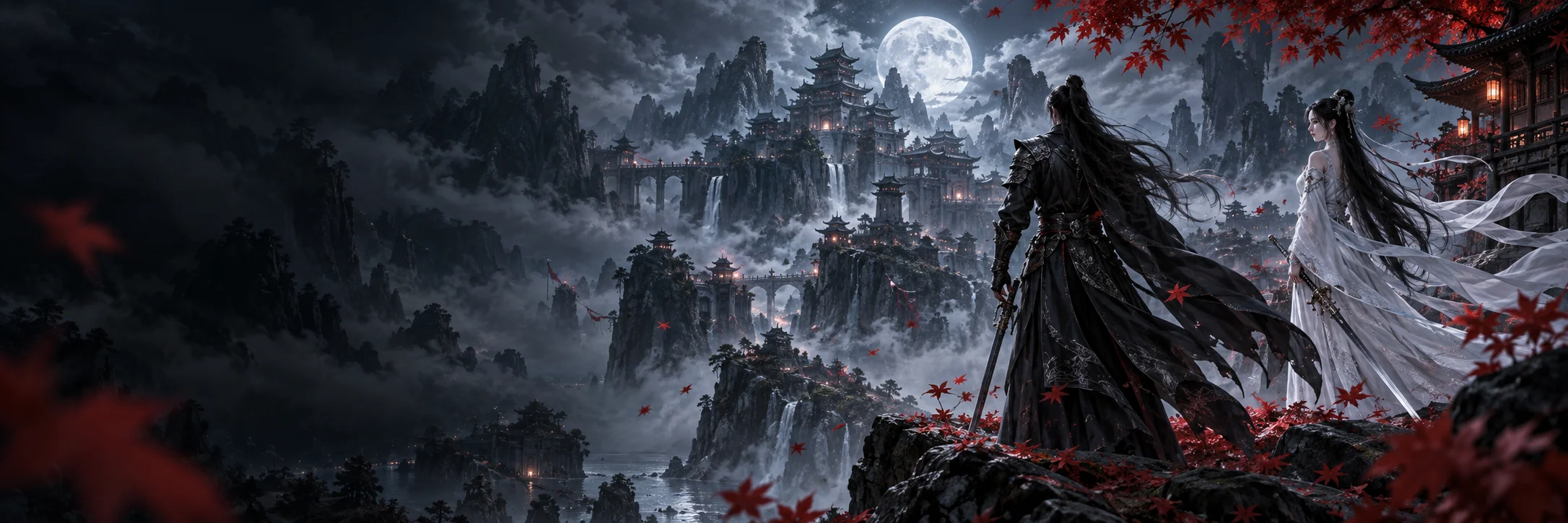 Moonlit mountain fortress with two wuxia sword heroes